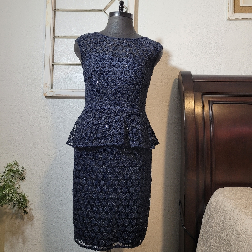 Kay Unger Under The Moonlight Navy Blue Crochet Lace Sequins Midi Dress Size 10